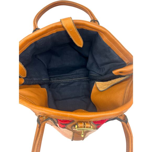 Large Artisan Wool Kilim Rug Leather Native Western Tote Overnight Market Bag - Picture 4 of 10